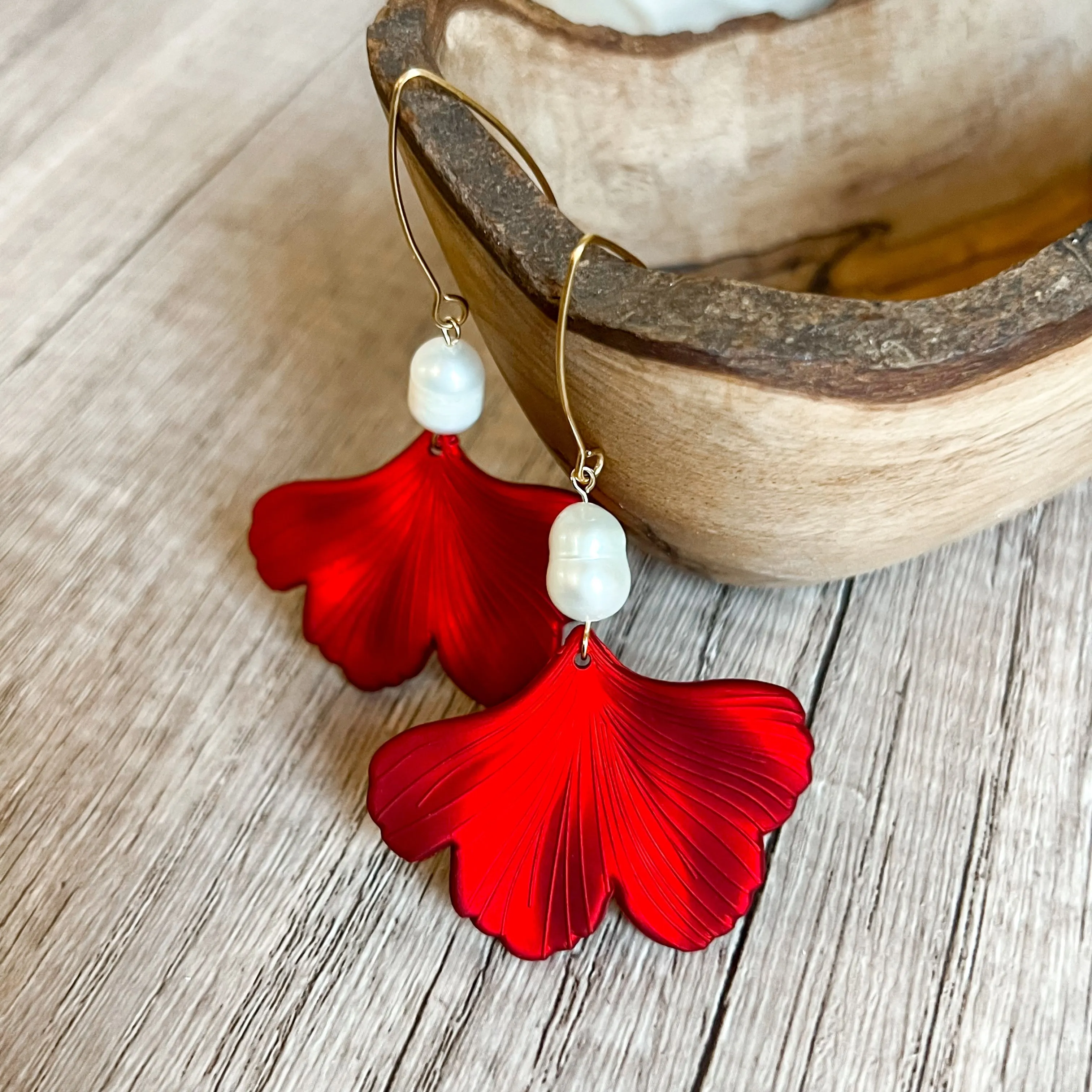 Brittney Red Leaf Pearl Drop Earrings sold by Roxie’s Picks product image thumbnail 2