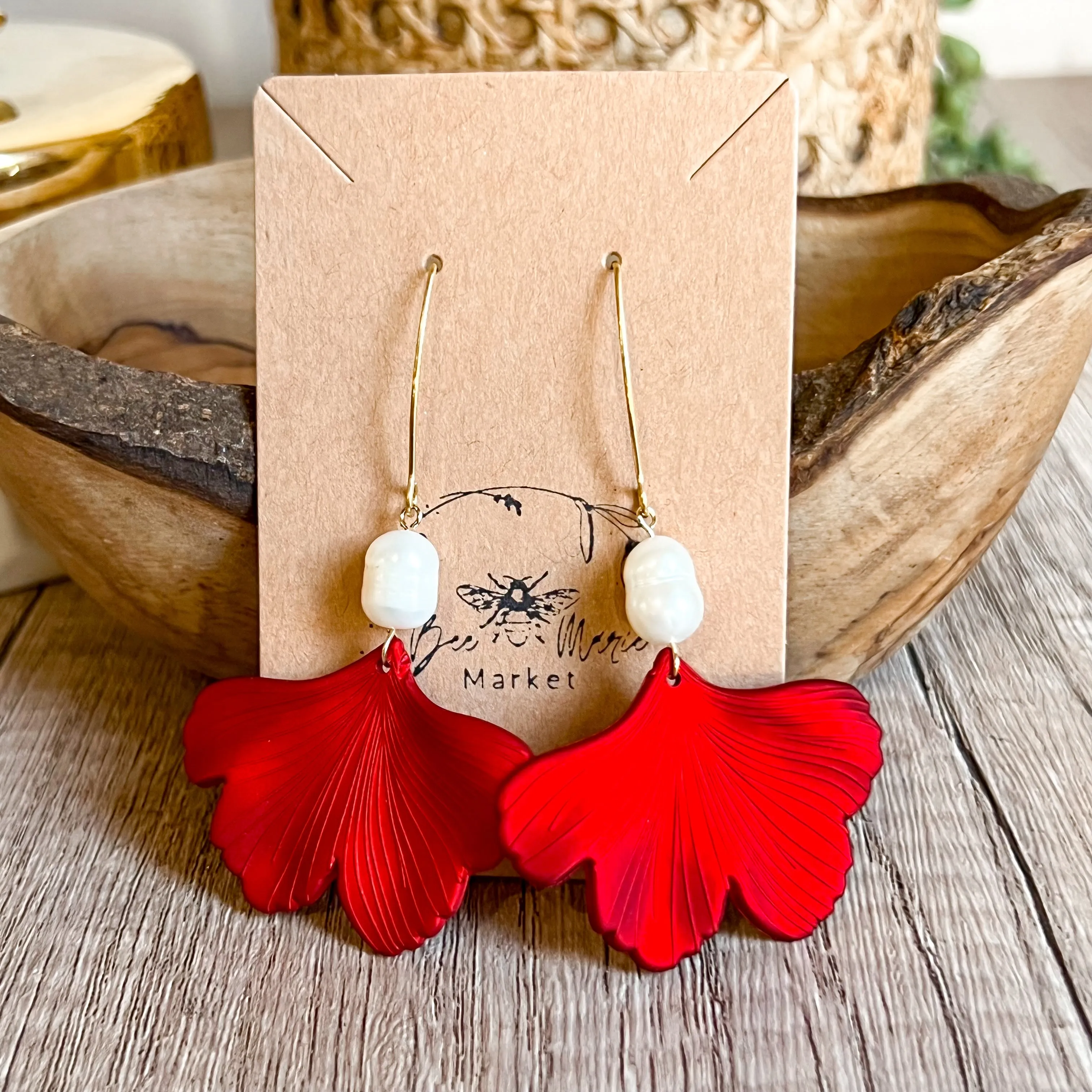 Brittney Red Leaf Pearl Drop Earrings sold by Roxie’s Picks
