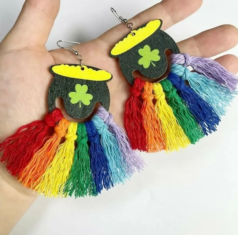 Pot Of Gold Fringe Rainbow Earrings St. Patrick's Day sold by Roxie’s Picks