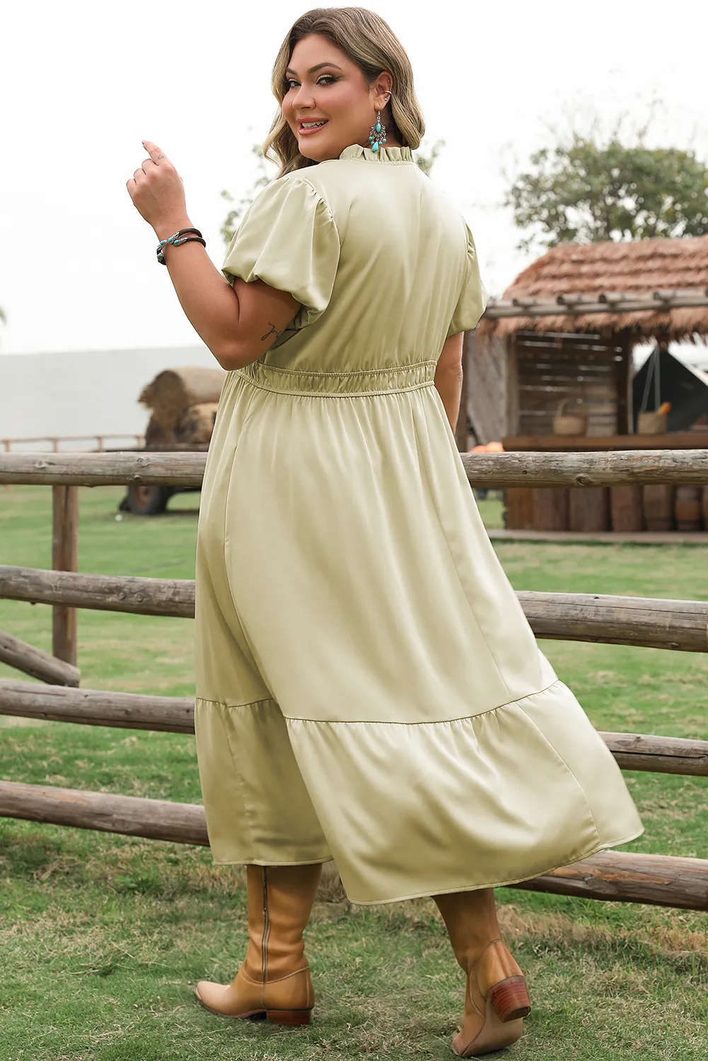 Laurel Green Notched V Neck Puff Sleeve Tiered Plus Size Maxi Dress sold by Roxie’s Picks