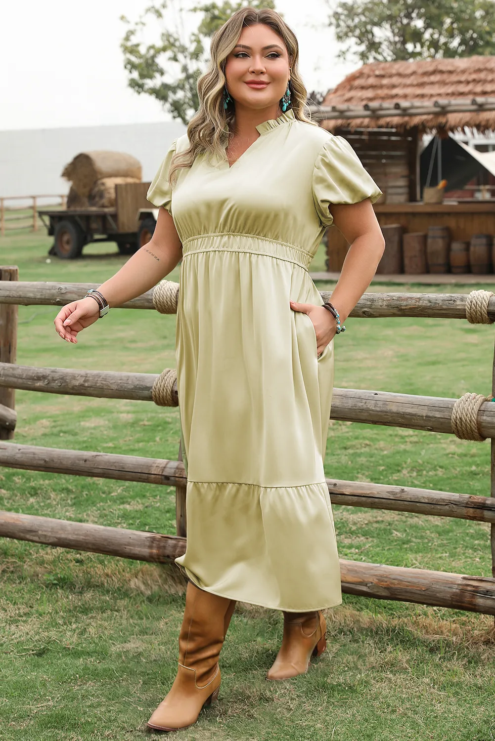 Laurel Green Notched V Neck Puff Sleeve Tiered Plus Size Maxi Dress sold by Roxie’s Picks product image thumbnail 4
