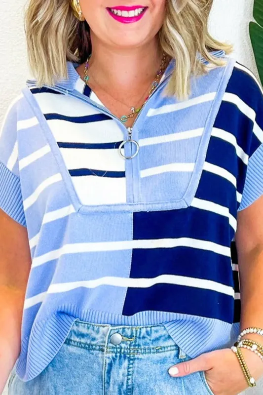 Sky Blue Stripe Colorblock Quarter Zip Collar Sweater Vest sold by Roxie’s Picks