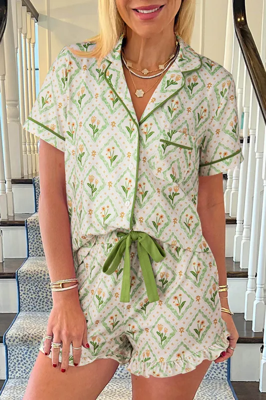 Green Floral Print Turn-down Collar Short Pajamas Set sold by Roxie’s Picks
