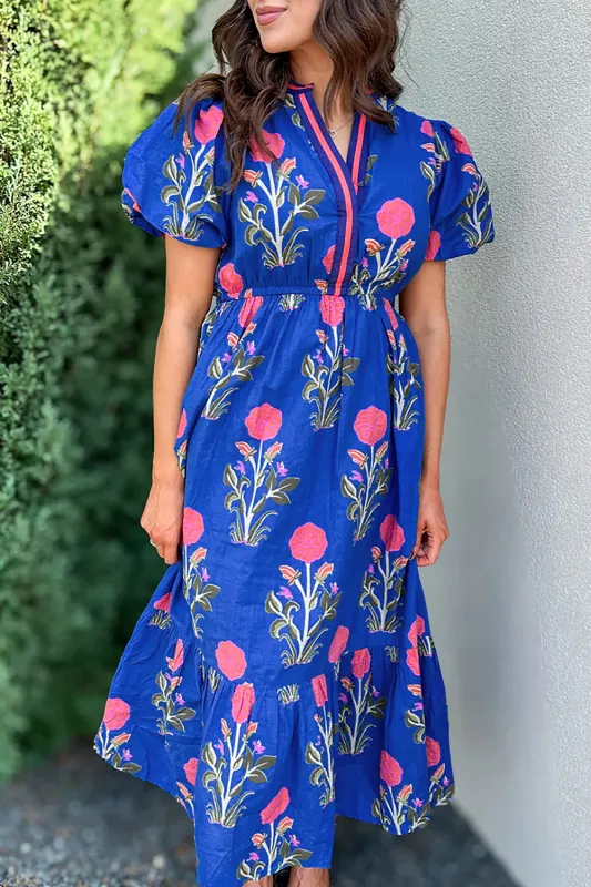 Sky Blue Floral Puff Short Sleeve V Neck High Waist Maxi Dress sold by Roxie’s Picks