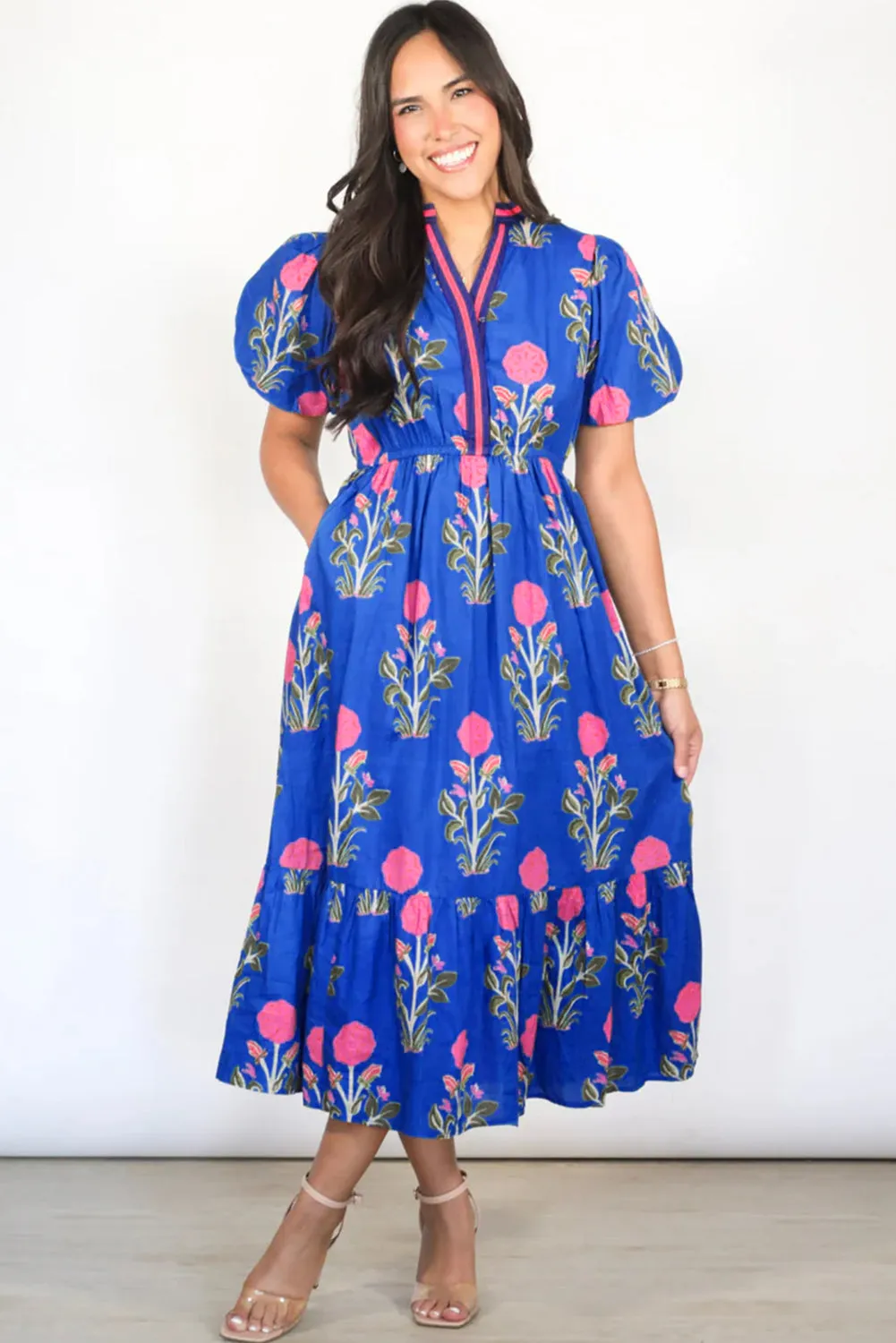 Sky Blue Floral Puff Short Sleeve V Neck High Waist Maxi Dress sold by Roxie’s Picks product image thumbnail 3
