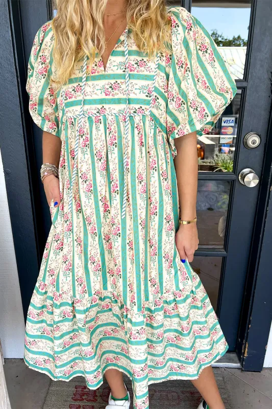 Multicolour Striped Floral Print Tie Split Neck Puff Sleeve Midi Dress sold by Roxie’s Picks