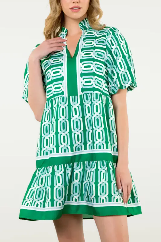 Bright Green Abstract Patterned V Neck Puff Short Sleeve Mini Dress sold by Roxie’s Picks