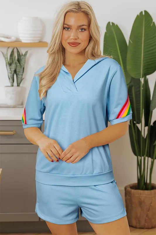 Sky Blue Rainbow Colorblock Collared Short Sleeve Top 2 Piece Shorts Set sold by Roxie’s Picks
