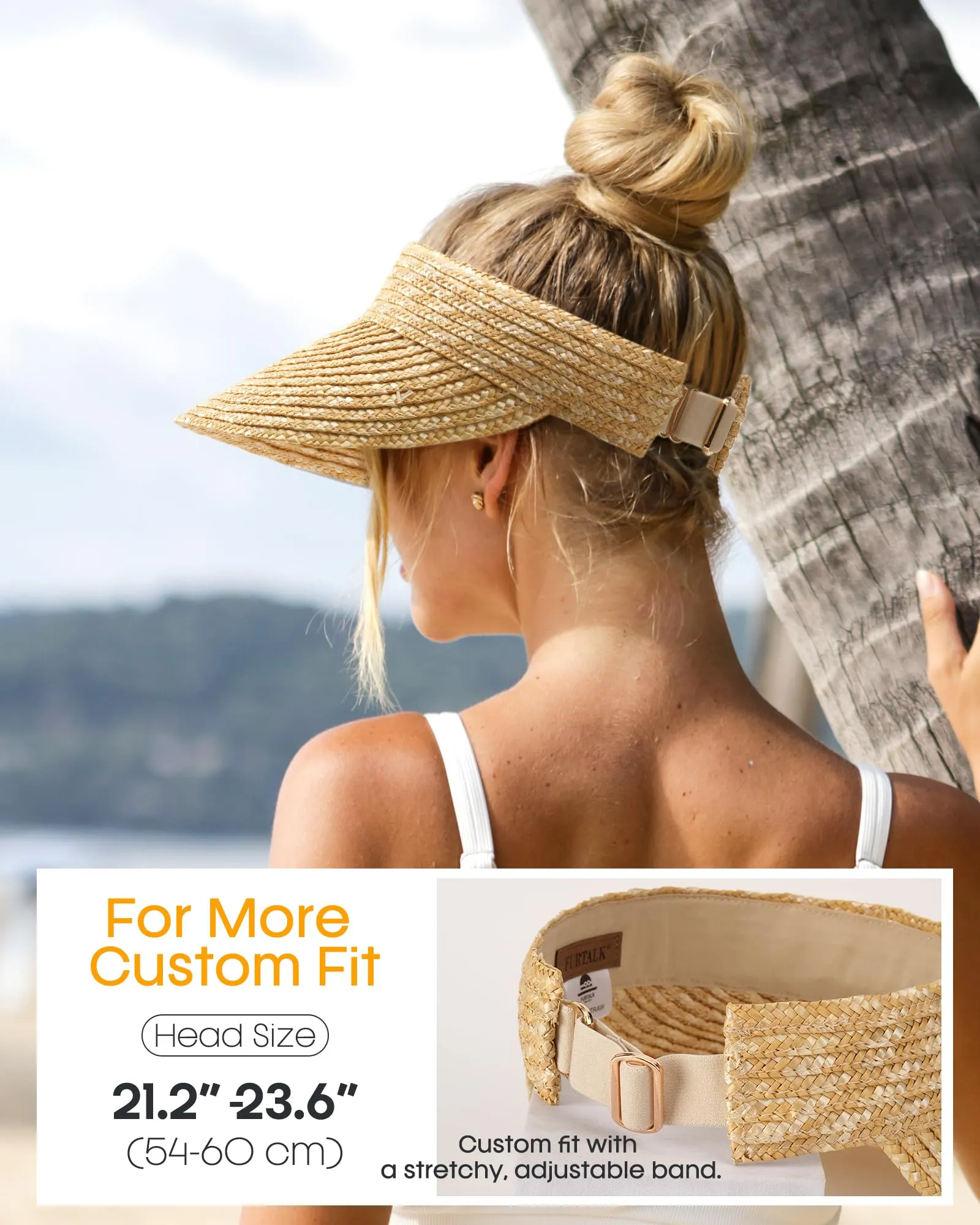 FURTALK Womens Straw Sun Visor Hats Wide Brim UV Protection Summer Beach Hat Roll Up Ponytail Travel Sun Hat sold by Roxie’s Picks product image thumbnail 3