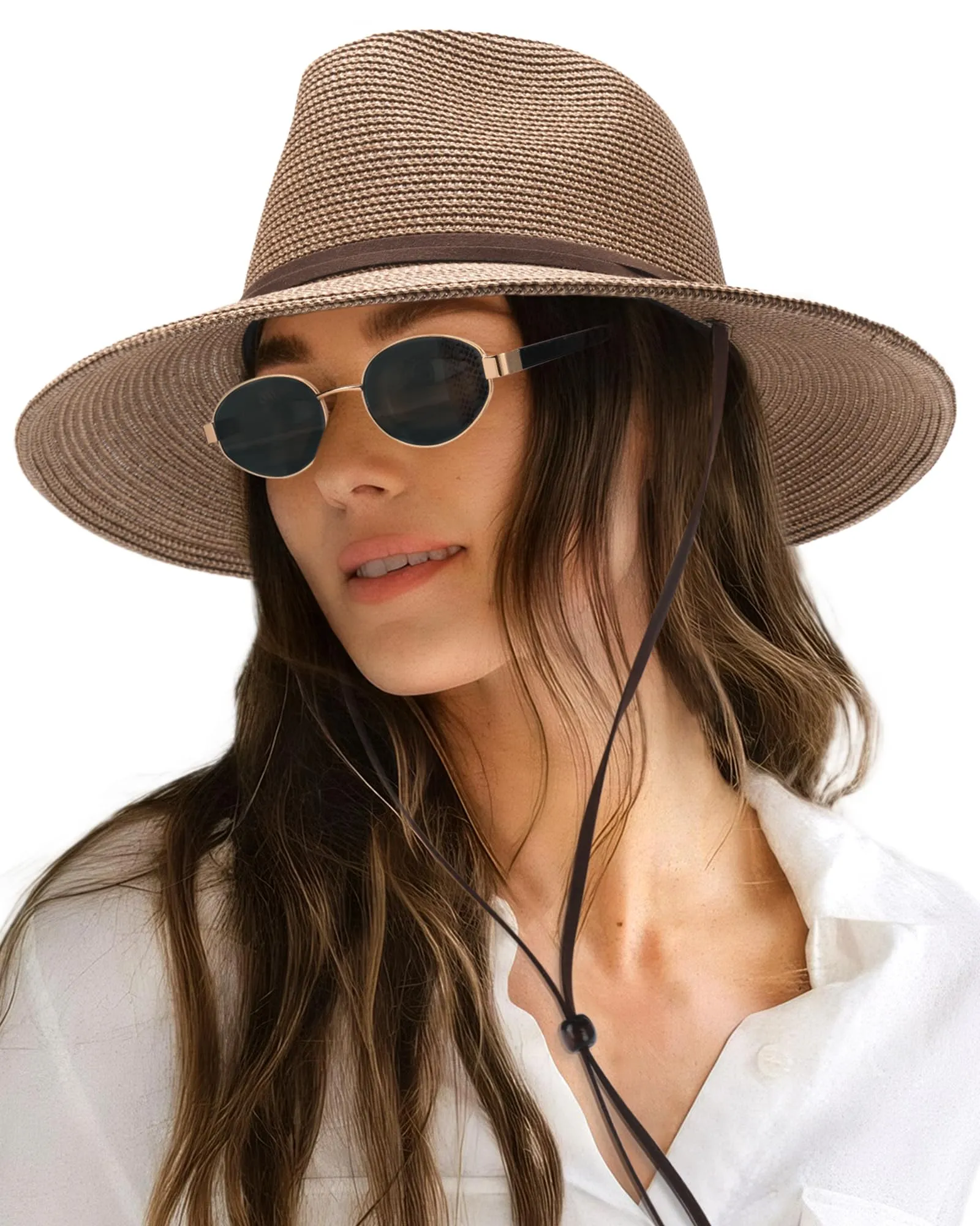 FURTALK Womens Sun Hat Summer Straw Beach Hats UPF 80+ Wide Brim Panama Fedora Hats with Wind Lanyard sold by Roxie’s Picks