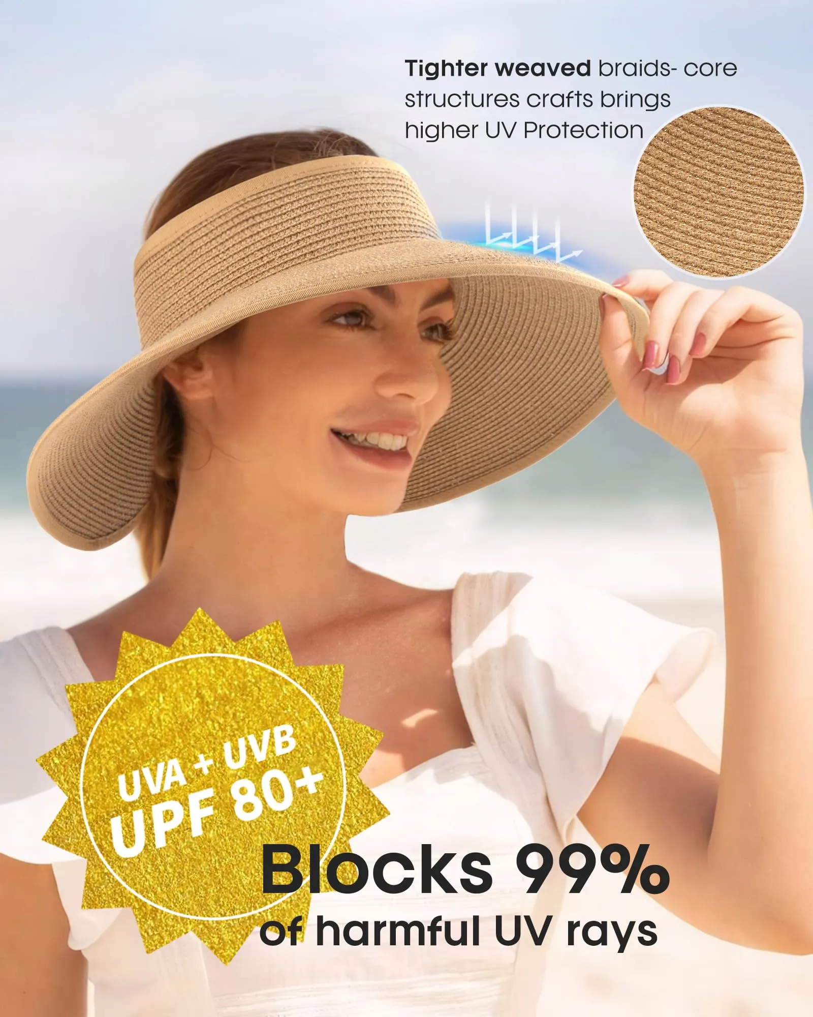 FURTALK Straw Sun Visor Hats for Women UPF 80+ Wide Brim Pontytail Summer Beach Hats sold by Roxie’s Picks product image thumbnail 5