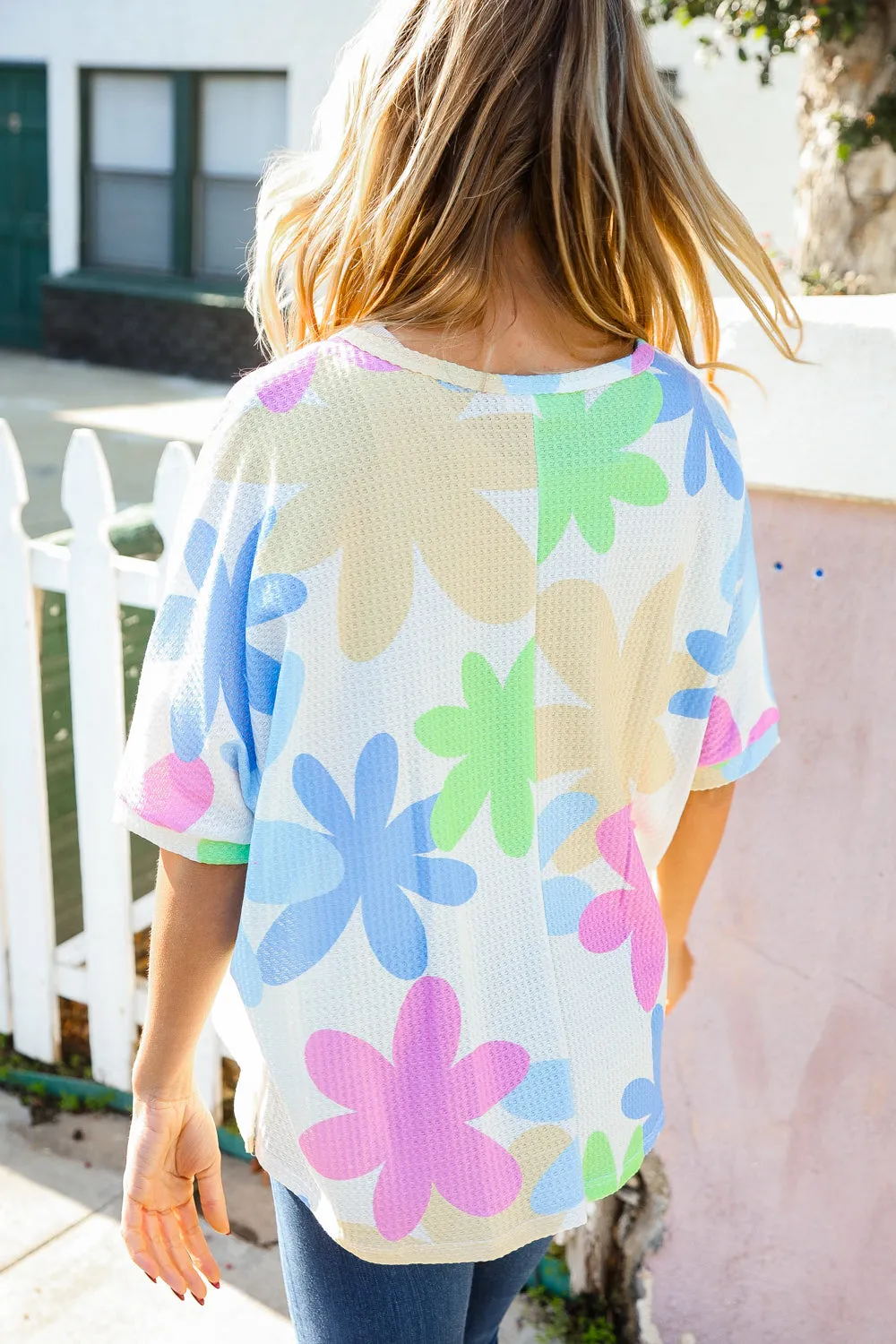 Weekend Ready Ivory Multicolor Flower Print Waffle Dolman Top sold by Roxie’s Picks product image thumbnail 2