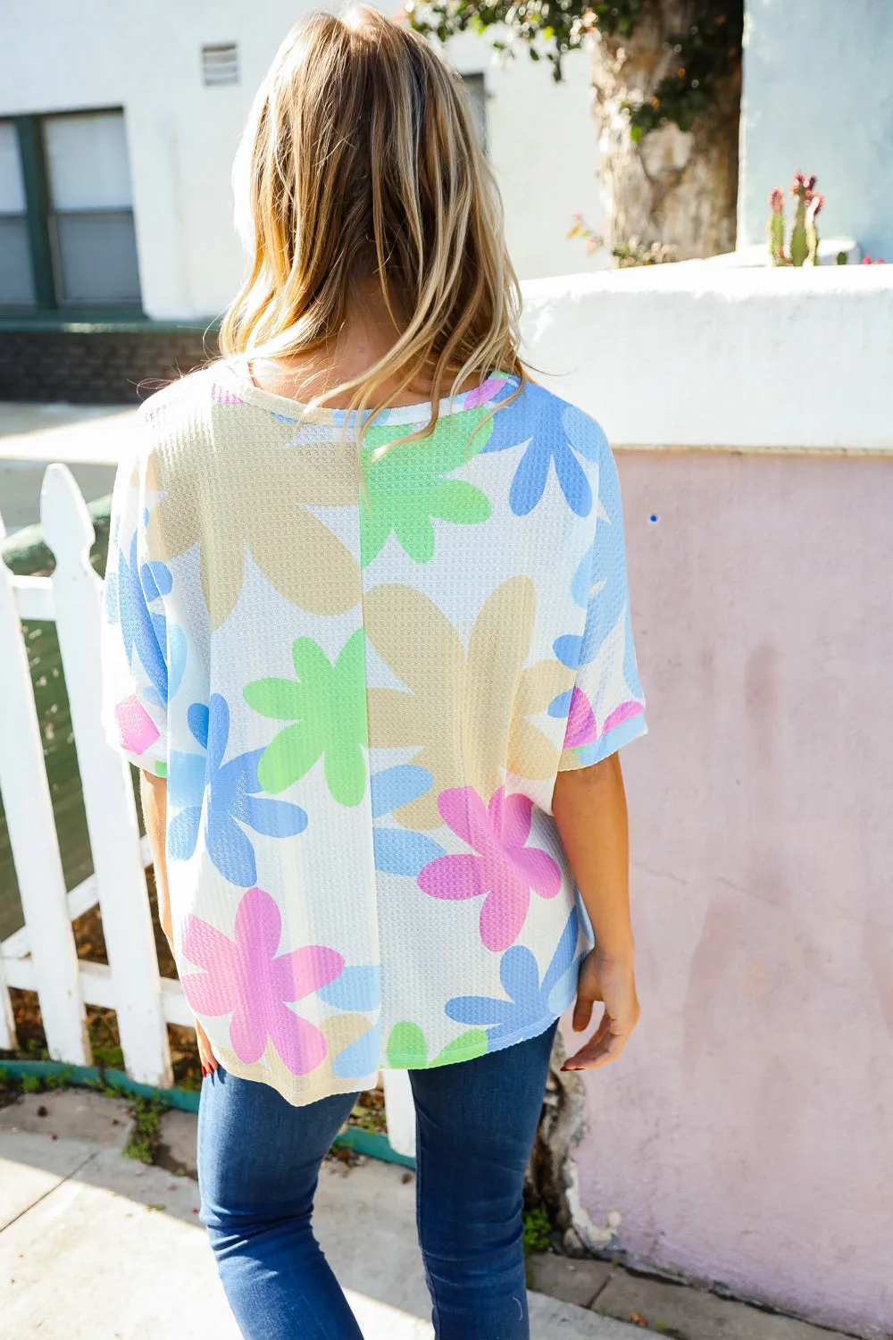 Weekend Ready Ivory Multicolor Flower Print Waffle Dolman Top sold by Roxie’s Picks product image thumbnail 5