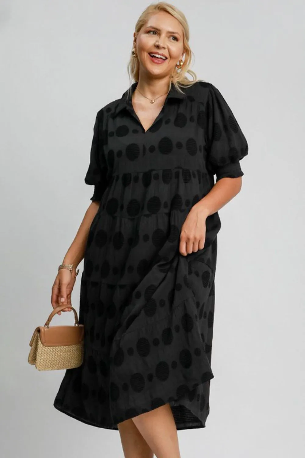 Umgee Full Size Swiss Dot Jacquard Tiered Midi Dress Plus Size sold by Roxie’s Picks product image thumbnail 2