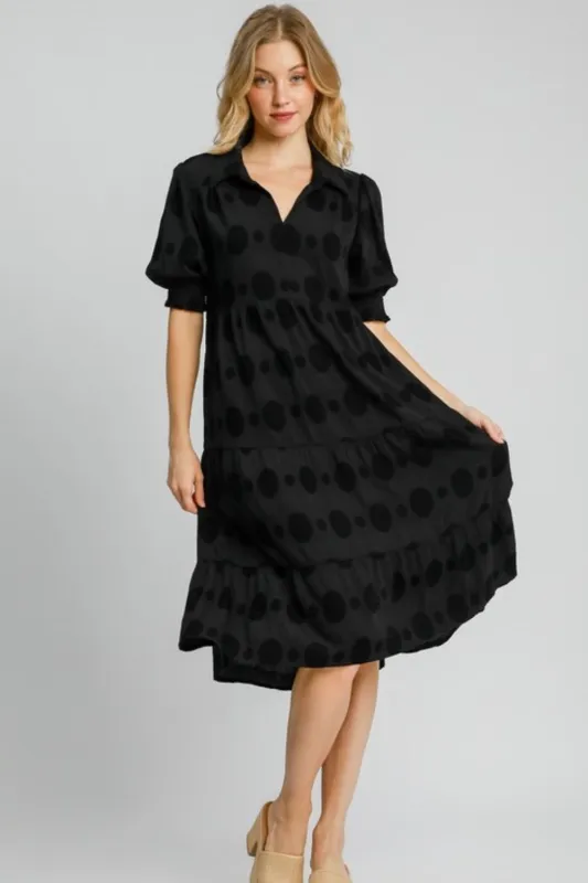 Umgee Full Size Swiss Dot Jacquard Tiered Midi Dress Plus Size sold by Roxie’s Picks