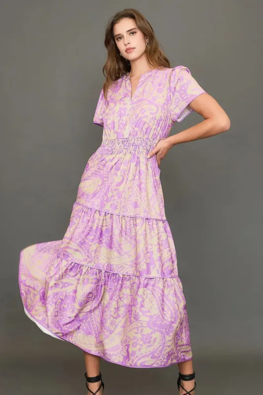 Umgee Full Size Printed Notched Short Sleeve Tiered Dress Plus Size sold by Roxie’s Picks