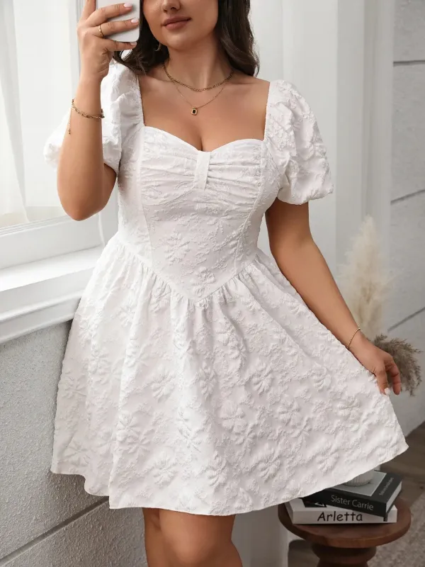 Plus Size Smocked Sweetheart Neck Puff Sleeve Mini Dress sold by Roxie’s Picks