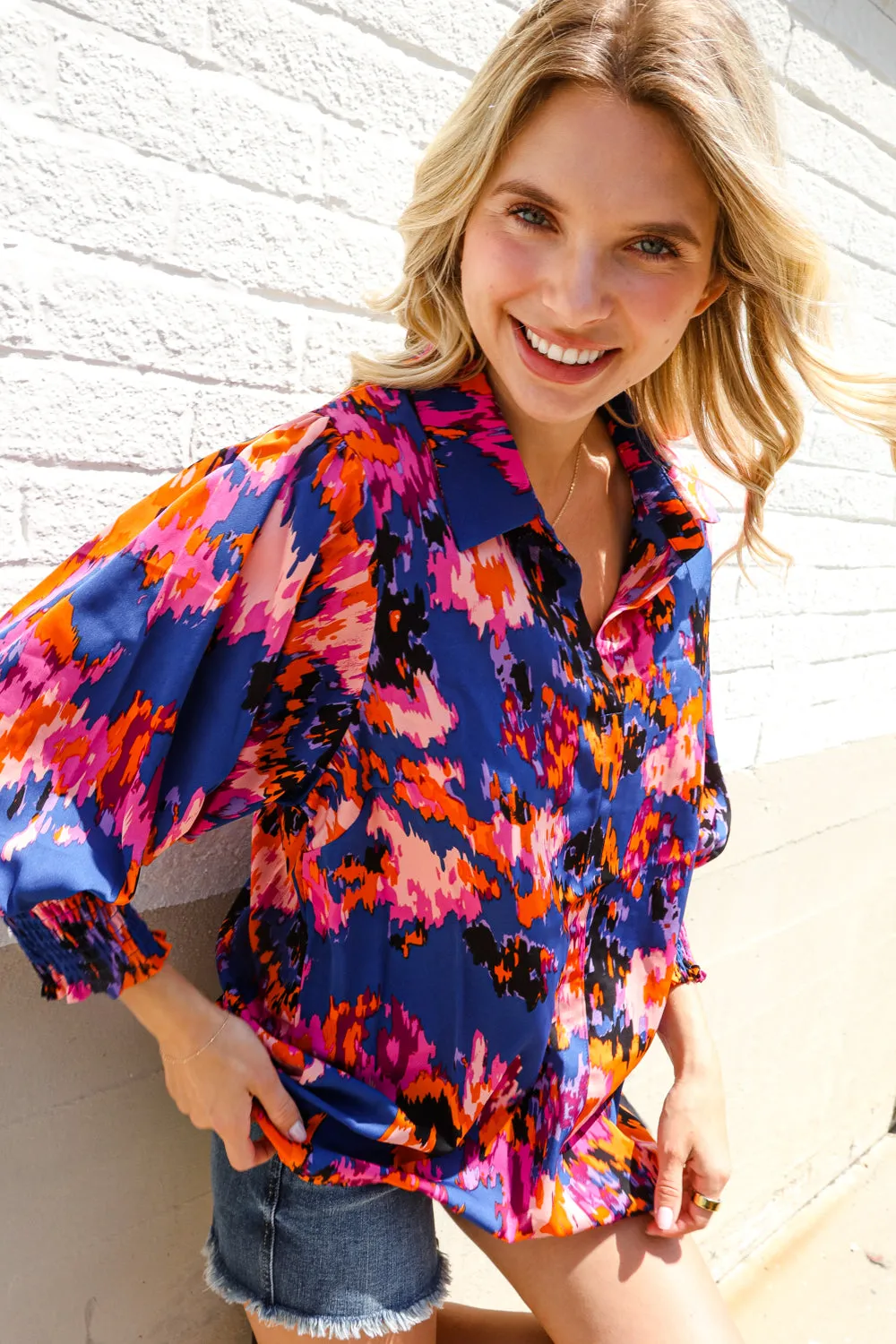 Dazzle in Cobalt Blue Abstract Print Button-Down Smocked Sleeve Blouse sold by Roxie’s Picks product image thumbnail 3