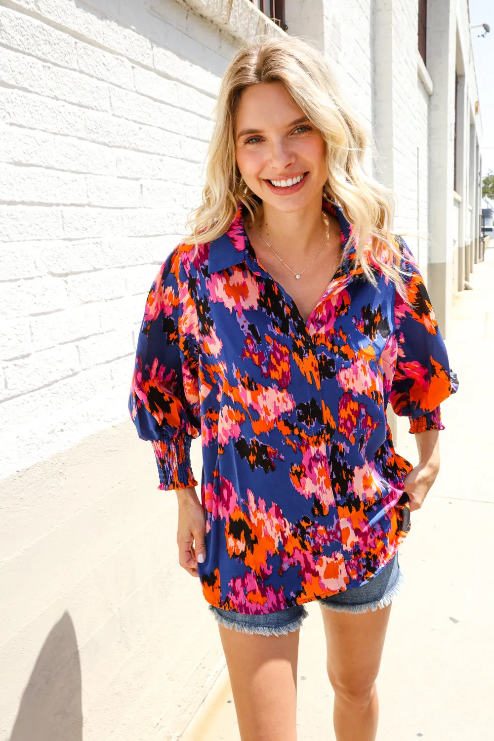 Dazzle in Cobalt Blue Abstract Print Button-Down Smocked Sleeve Blouse sold by Roxie’s Picks
