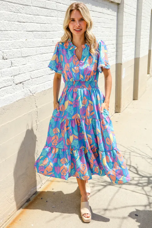 Can't Say No Blue Tropical Floral Frill Notch Neck Bubble Sleeve Dress sold by Roxie’s Picks
