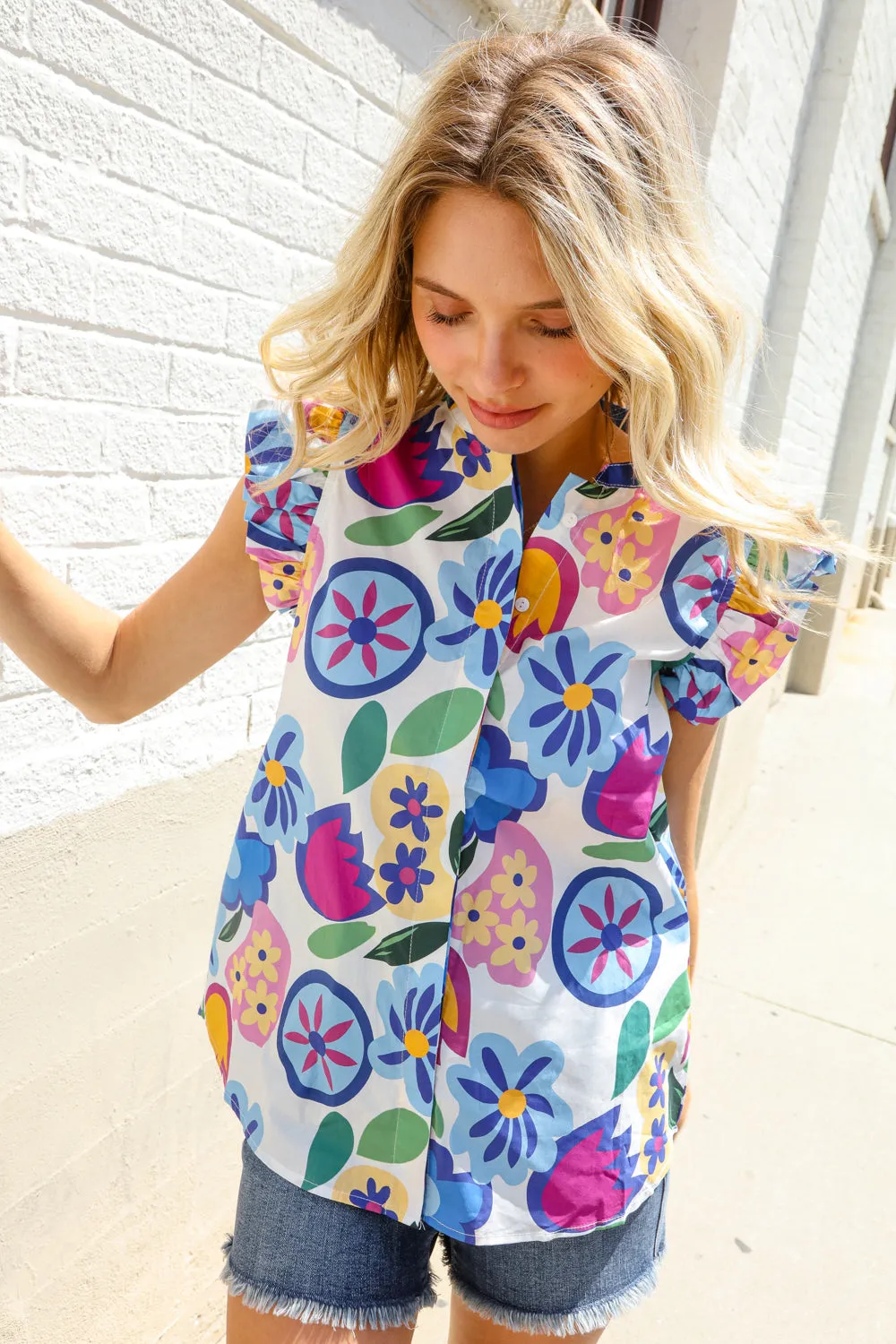 Adorable You White & Blue Abstract Print Flutter Sleeve Notch Neck Top sold by Roxie’s Picks product image thumbnail 3