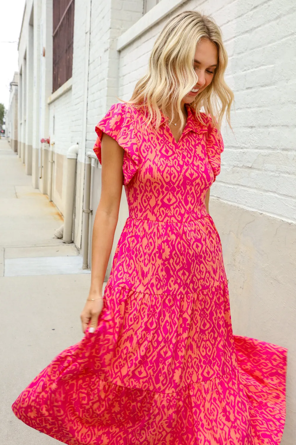 Find Love Fuchsia & Coral Boho Print Flutter Sleeve Dress sold by Roxie’s Picks product image thumbnail 4