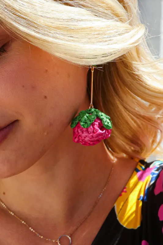 Fuchsia Strawberry Woven Rattan Gold Dangle Earrings made by Roxie’s Picks