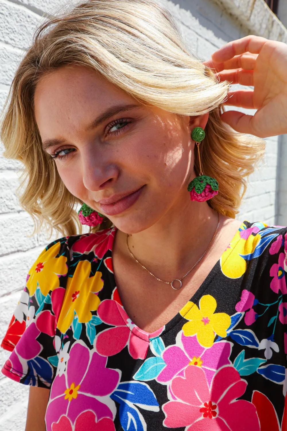 Fuchsia Strawberry Woven Rattan Gold Dangle Earrings sold by Roxie’s Picks product image thumbnail 5