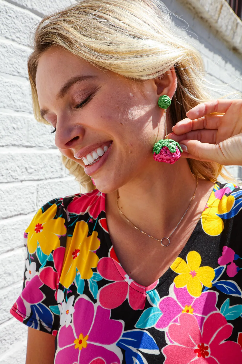 Fuchsia Strawberry Woven Rattan Gold Dangle Earrings sold by Roxie’s Picks product image thumbnail 4