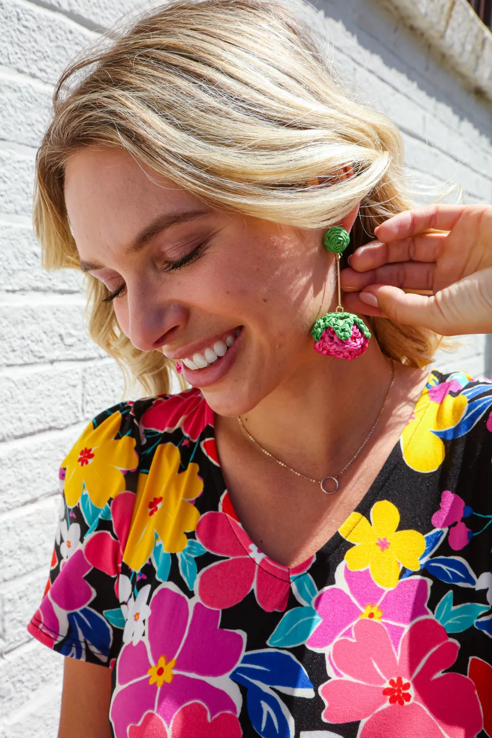 Fuchsia Strawberry Woven Rattan Gold Dangle Earrings sold by Roxie’s Picks product image thumbnail 2