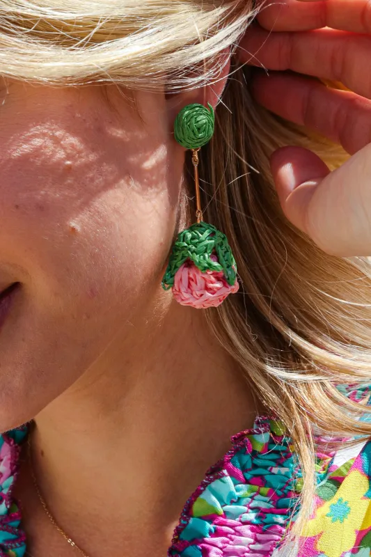 Rose Strawberry Woven Rattan Gold Dangle Earrings made by Roxie’s Picks