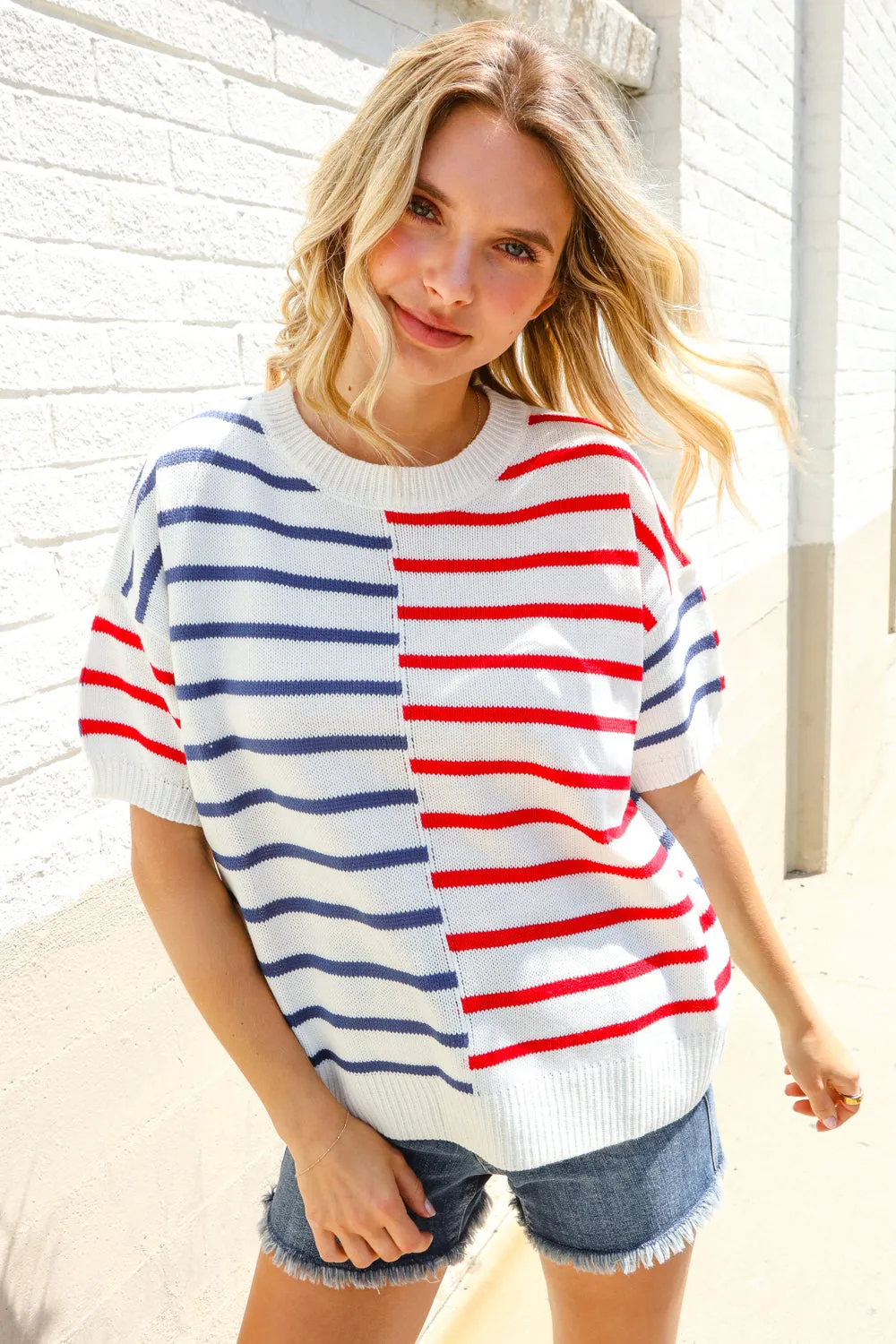 Patriotic Red & Blue Stripe Oversized Sweater sold by Roxie’s Picks product image thumbnail 3