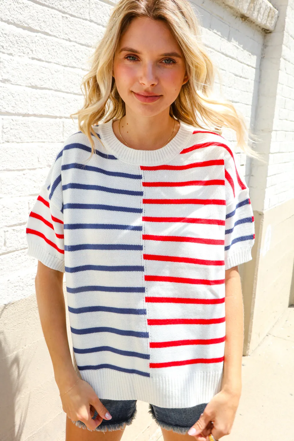 Patriotic Red & Blue Stripe Oversized Sweater sold by Roxie’s Picks