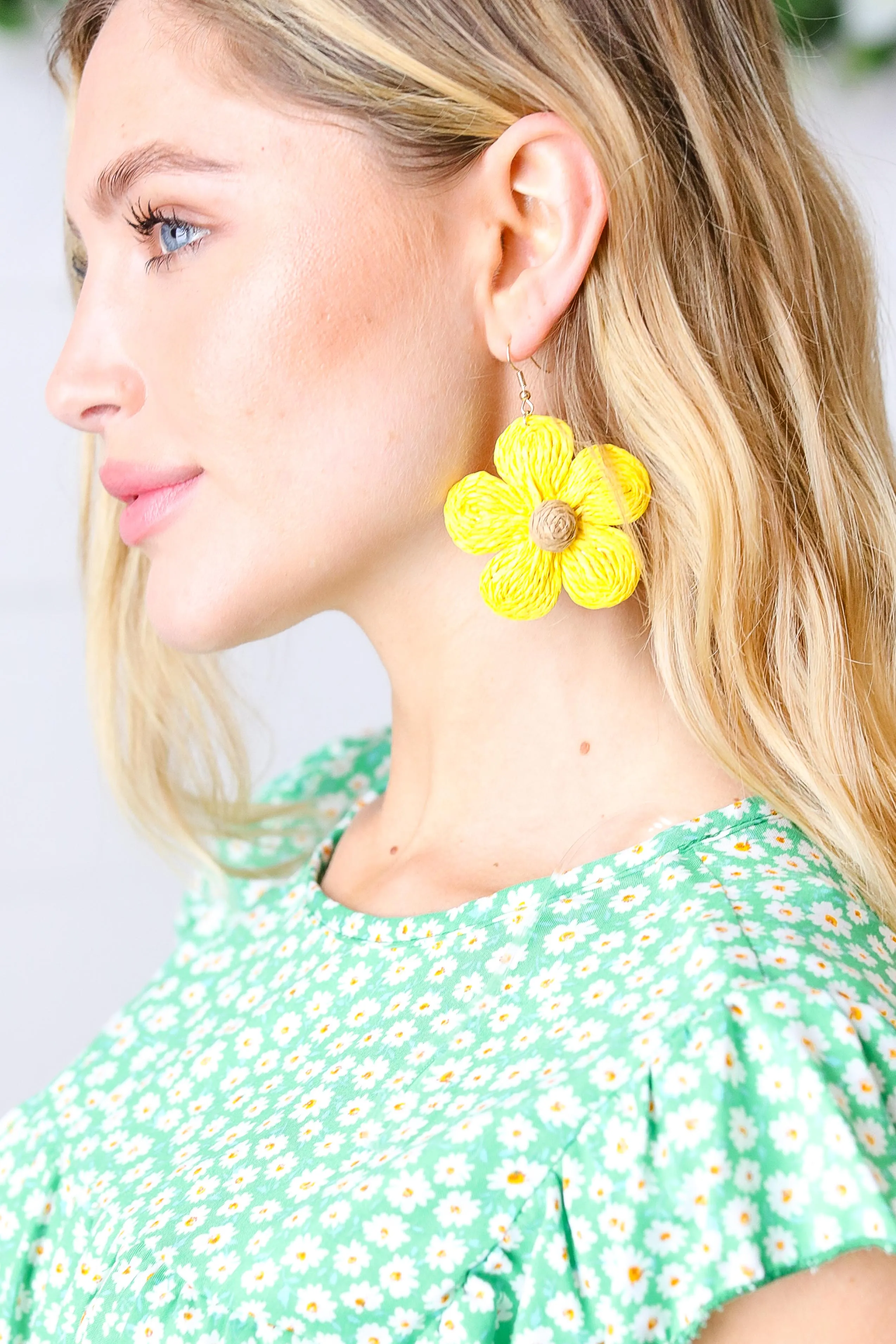 Canary Handwoven Straw Flower Dangle Earrings sold by Roxie’s Picks product image thumbnail 2