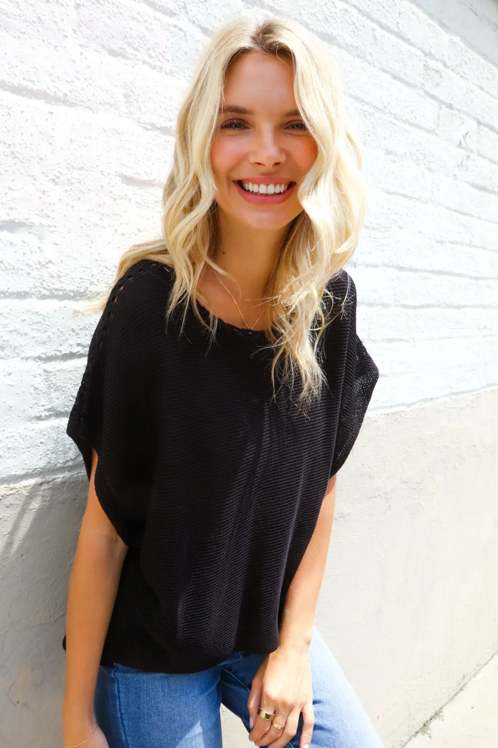 Stand Out Black Loose Knit Dolman Top/Coverup with Crochet Details sold by Roxie’s Picks product image thumbnail 5