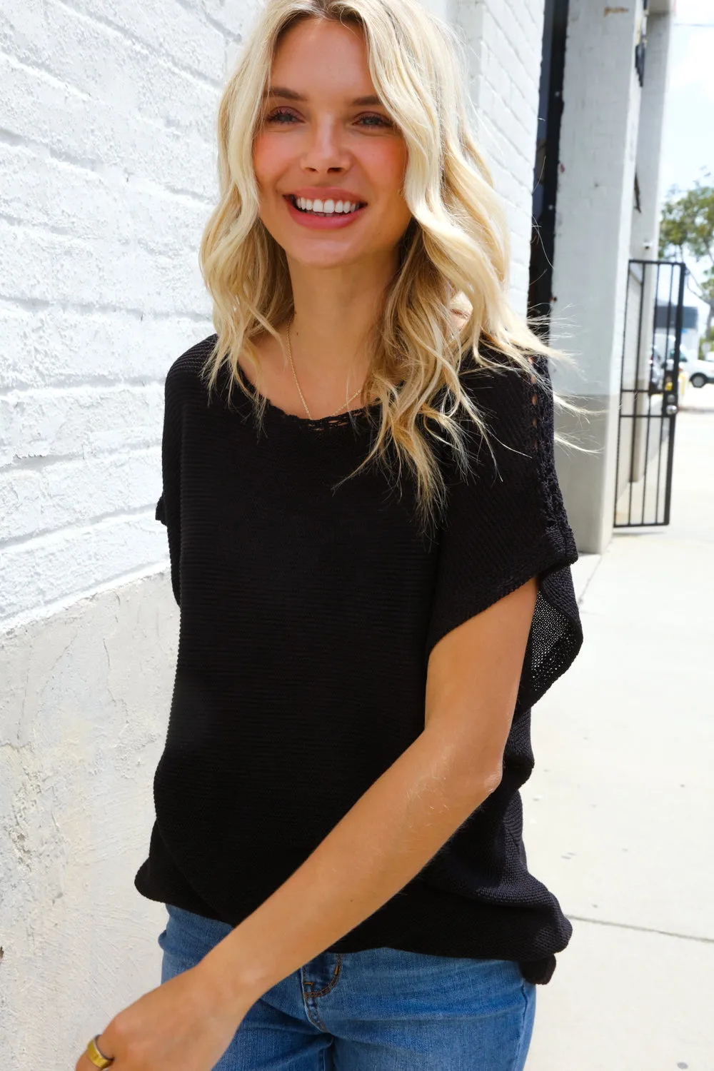 Stand Out Black Loose Knit Dolman Top/Coverup with Crochet Details sold by Roxie’s Picks product image thumbnail 4