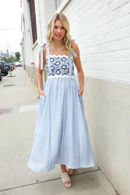 Feeling Femme Blue Floral Netted Yoke Stripe Ric Rack Dress sold by Roxie’s Picks