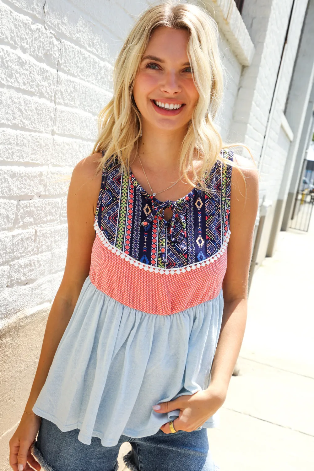 Vacay Vibes Coral/Blue Boho Print Color Block Sleeveless Top sold by Roxie’s Picks product image thumbnail 5
