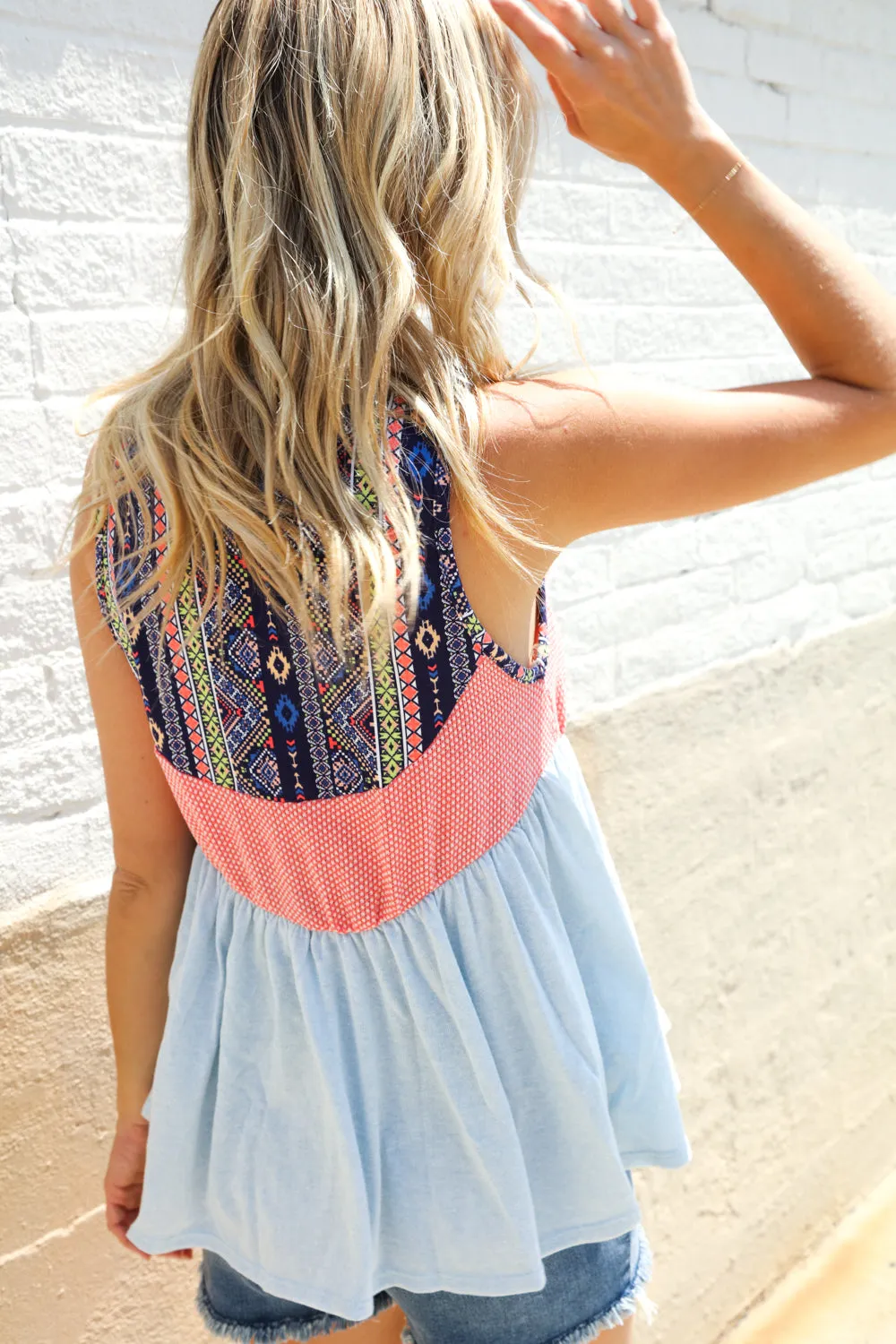 Vacay Vibes Coral/Blue Boho Print Color Block Sleeveless Top sold by Roxie’s Picks product image thumbnail 2