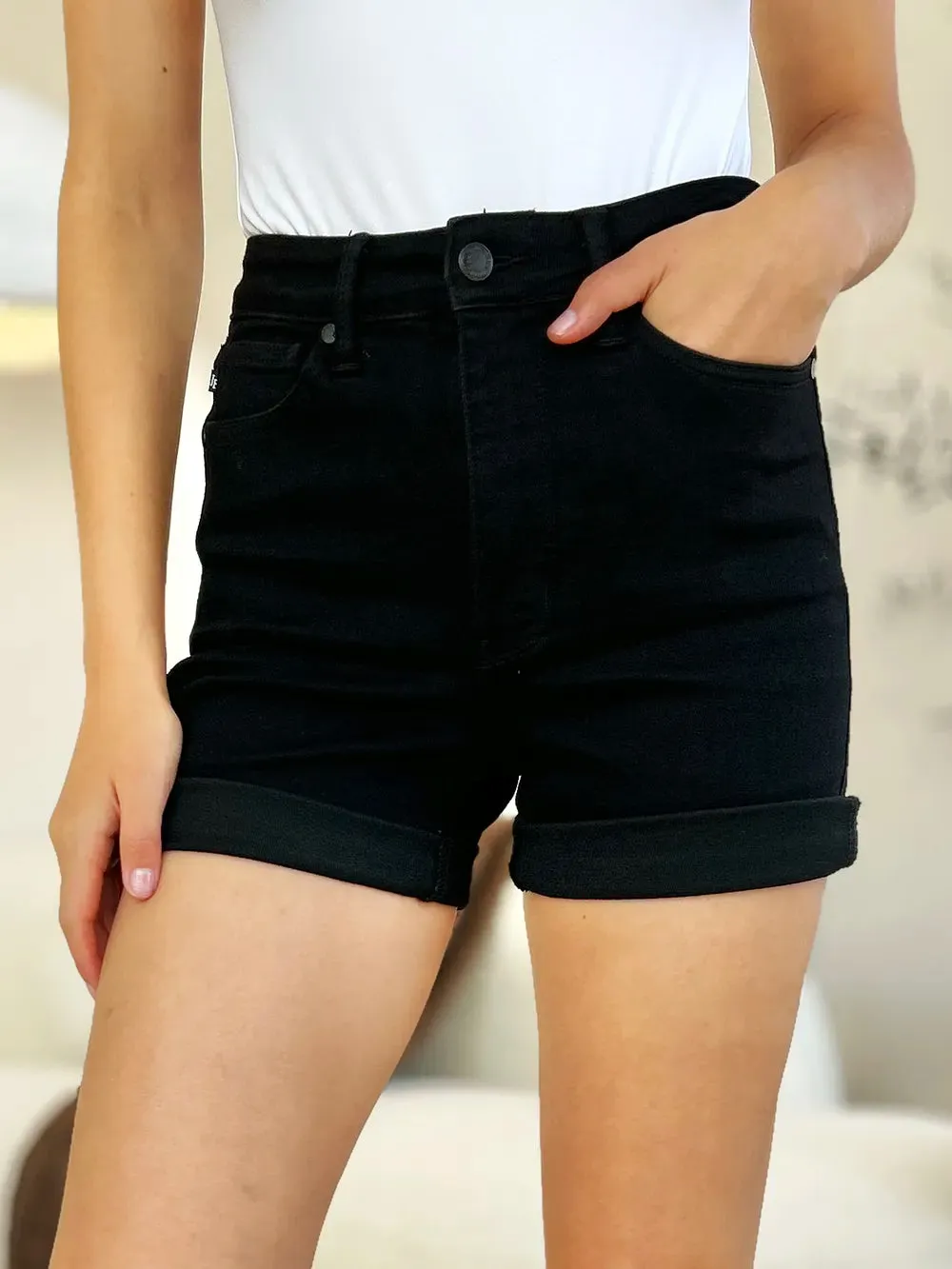Judy Blue Full Size High Waist Tummy Control Cuffed Denim Shorts sold by Roxie’s Picks