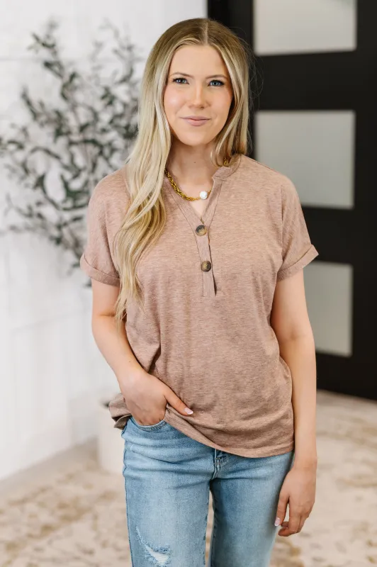 Almost There V-Neck Henley Top In Taupe made by Roxie’s Picks