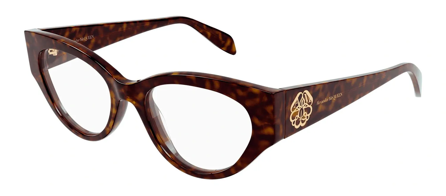 Alexander McQueen AM 0380O 002 Cat-Eye Plastic Havana Eyeglasses with Logo Stamped Demo Lenses sold by Gaffos
