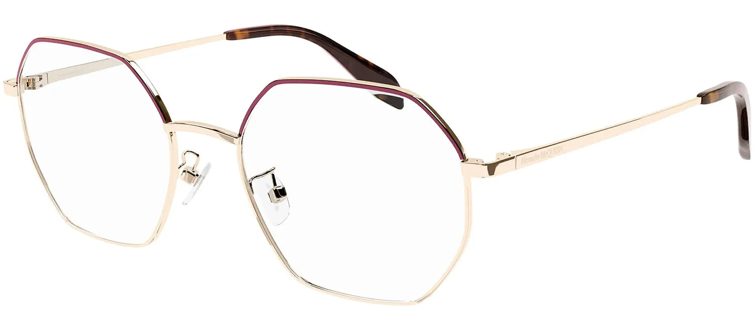 Alexander McQueen AM 0338O 003 Geometric Metal Gold Eyeglasses with Logo Stamped Demo Lenses Lens sold by Gaffos