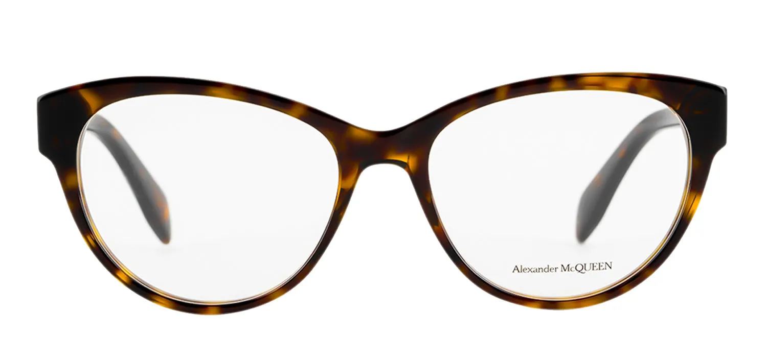 Alexander McQueen AM 0359O 002 Cat-Eye Plastic Havana Eyeglasses with Logo Stamped Demo Lenses Lens sold by Gaffos