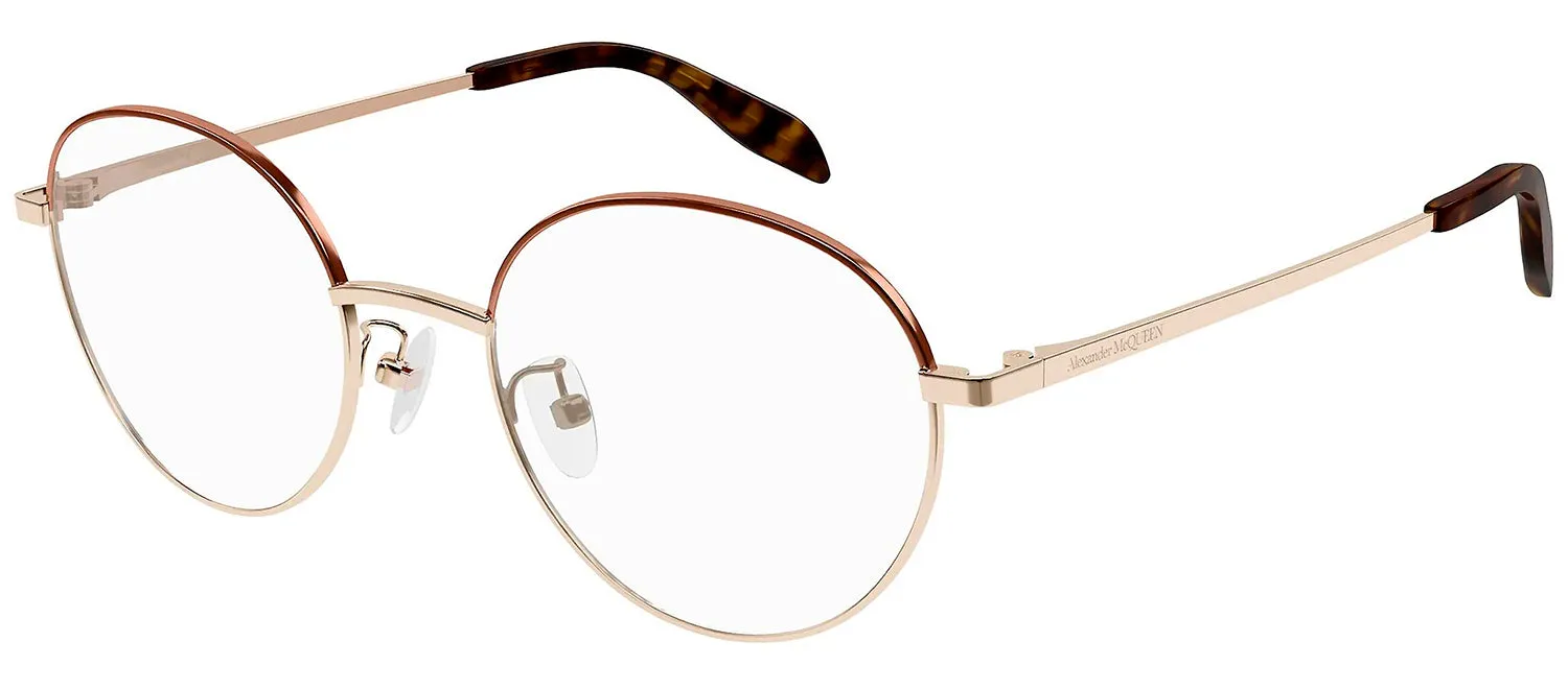 Alexander McQueen AM 0369O 003 Round Metal Gold Eyeglasses with Logo Stamped Demo Lenses Lens sold by Gaffos