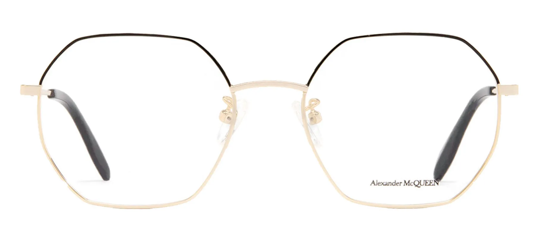 Alexander McQueen AM 0338O 001 Geometric Metal Gold Eyeglasses with Logo Stamped Demo Lenses sold by Gaffos