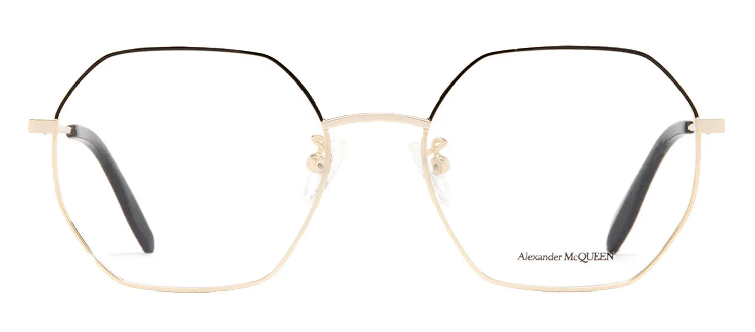 Alexander McQueen AM 0338O 001 Geometric Metal Gold Eyeglasses with Logo Stamped Demo Lenses sold by Gaffos