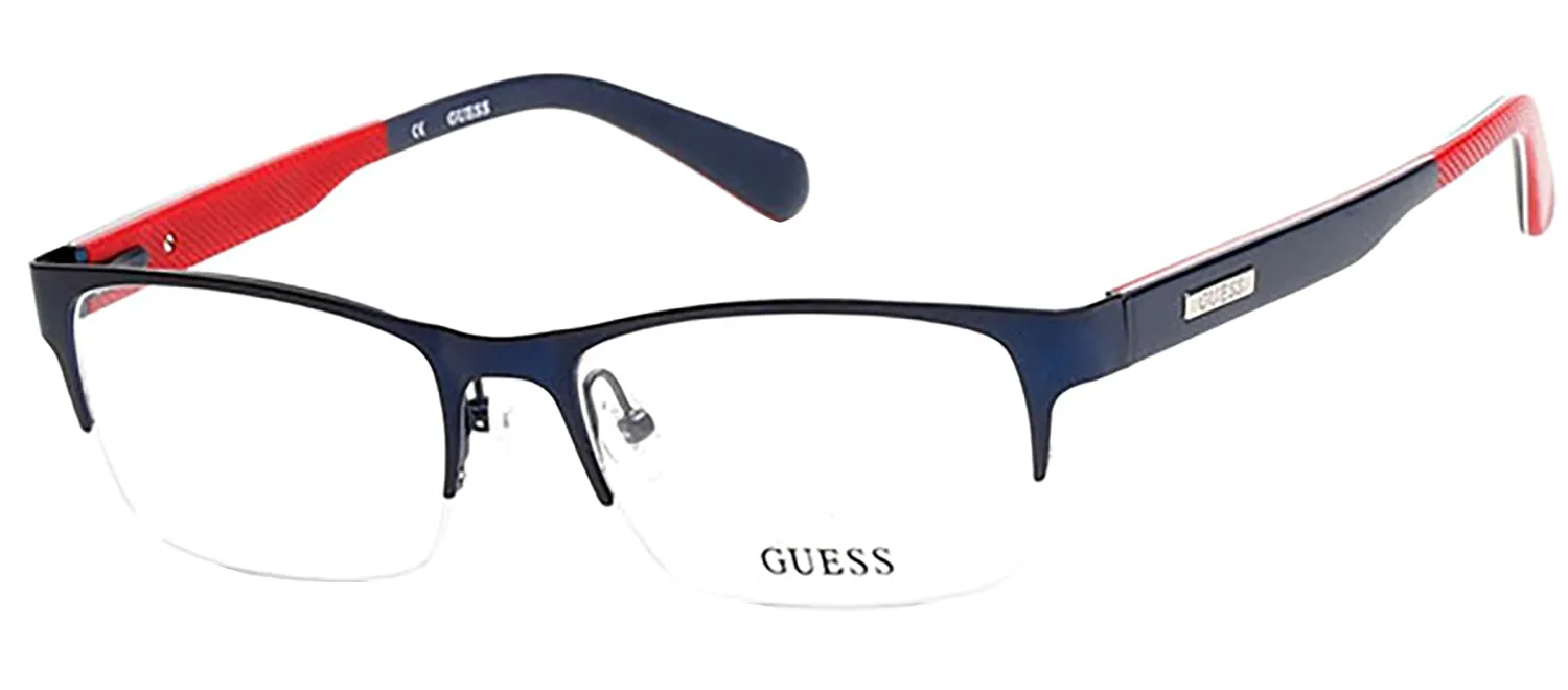 Guess GU 1859 091 Geometric Metal Blue Eyeglasses with Logo Stamped Demo Lenses sold by Gaffos