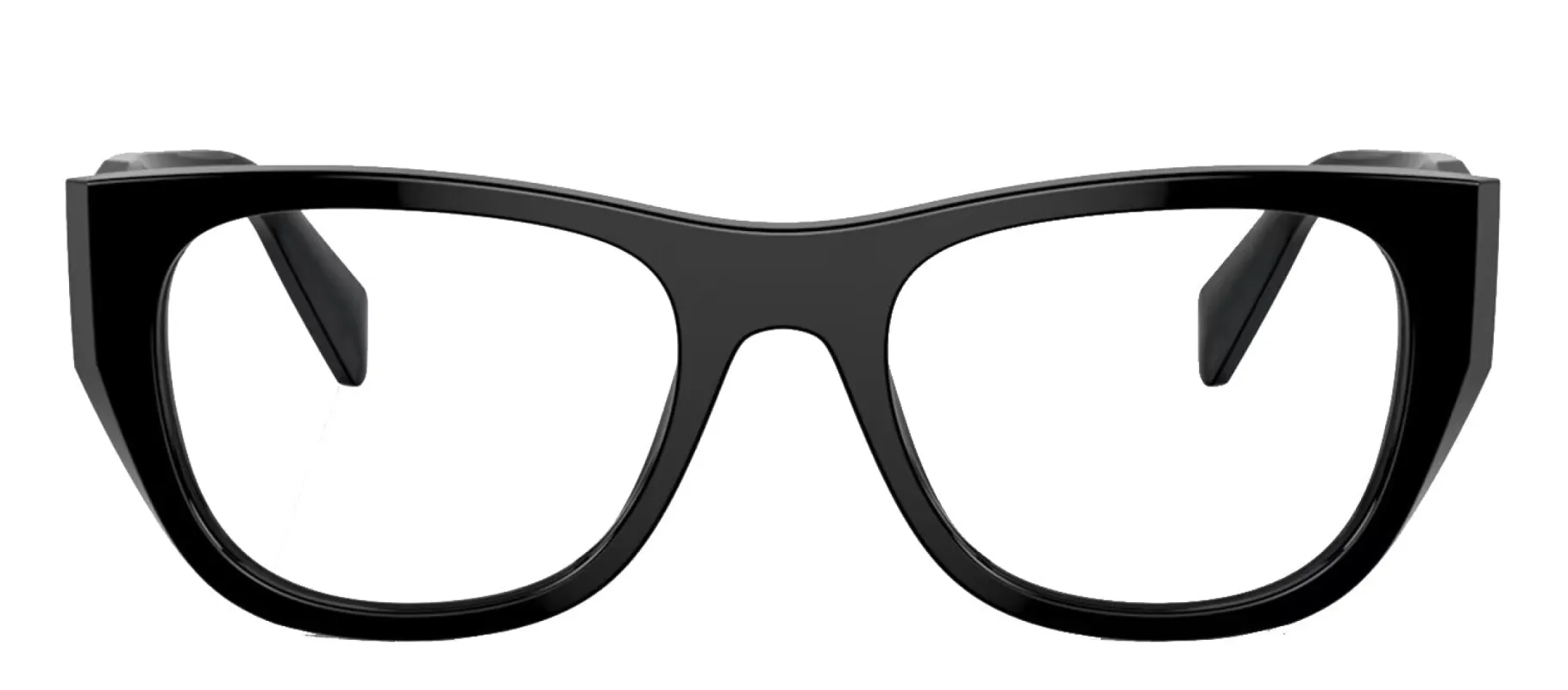 Prada PR A18V 16K1O1 Irregular Plastic Black Eyeglasses with Logo Stamped Demo Lenses sold by Gaffos