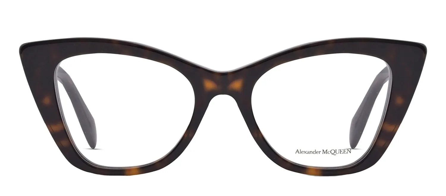 Alexander McQueen AM 305O 002 Cat-Eye Acetate Havana Eyeglasses with Logo Stamped Demo Lenses sold by Gaffos